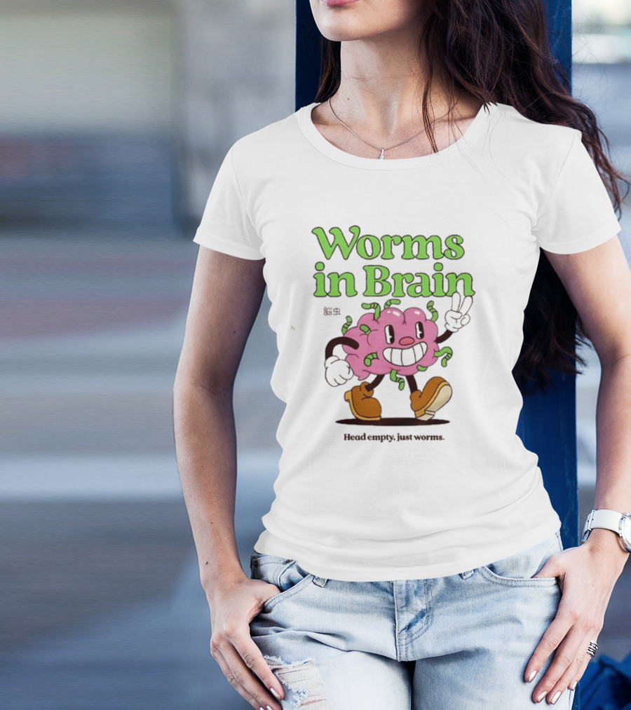Worms In Brain Head Empty Just Worms Cartoon Brain Peace Sign T-Shirt