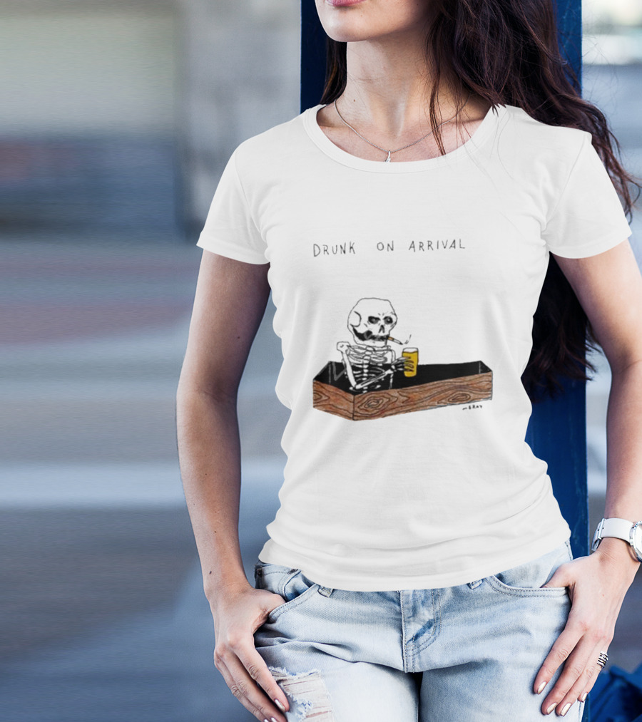 Matt Gray Drunk On Arrival Skeleton In Coffin Holding Drink T-Shirt