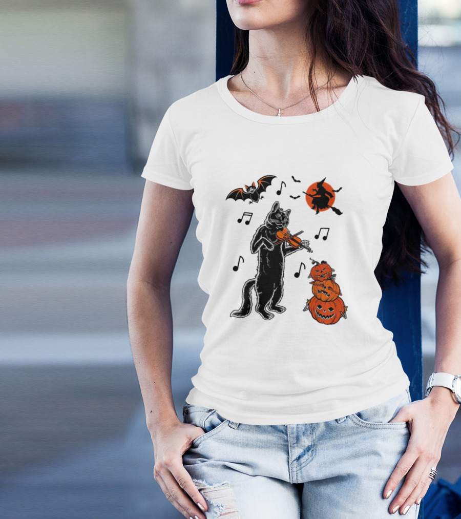 Black Cat Playing Violin With Witch, Devilish Bat, And Stacked Pumpkins Halloween T-Shirt
