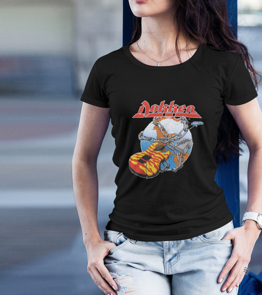 1980s Dokken Rokken With Dokken Flaming Guitar Chained To Globe T-Shirt