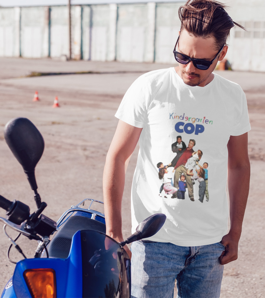 Kindergarten Cop Starring Arnold Schwarzenegger Surrounded By Kids In Colorful Letters T-Shirt