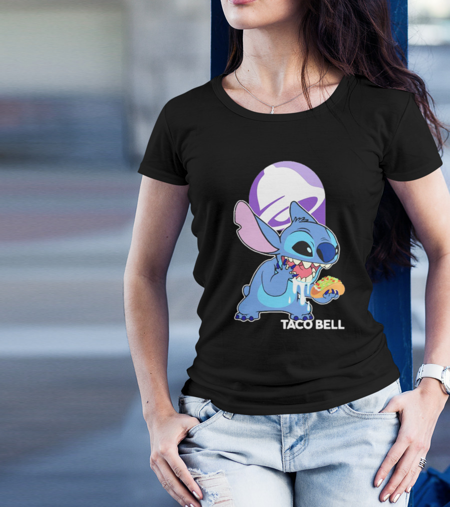 Stitch Eating Taco Bell Tacos With Logo Background T-Shirt
