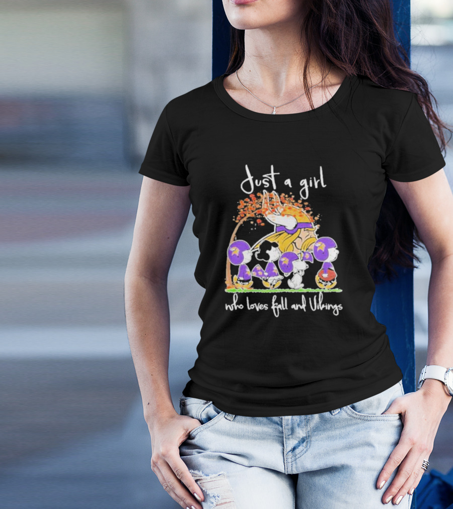 Just A Girl Who Loves Fall And Vikings Peanuts Characters Autumn Leaves T-Shirt
