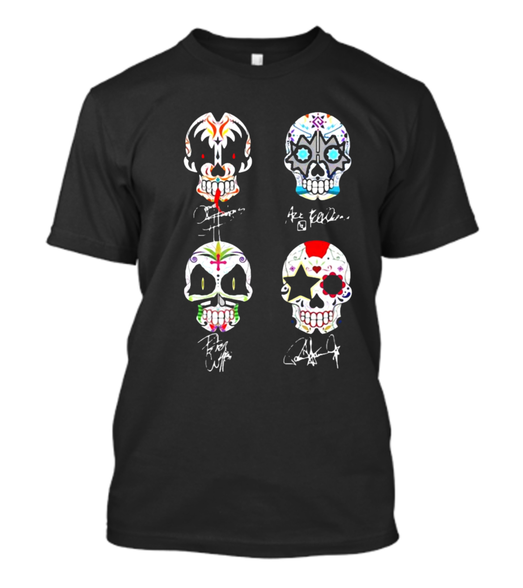 Kiss Band 4 Skull Faces Simmons Stanley Frehley Criss Signature T-Shirt