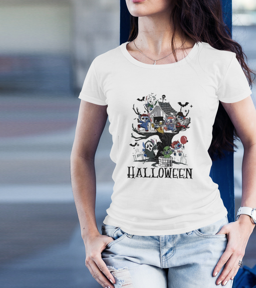 Halloween Stitch Horror Movie Characters Treehouse Scene T-Shirt