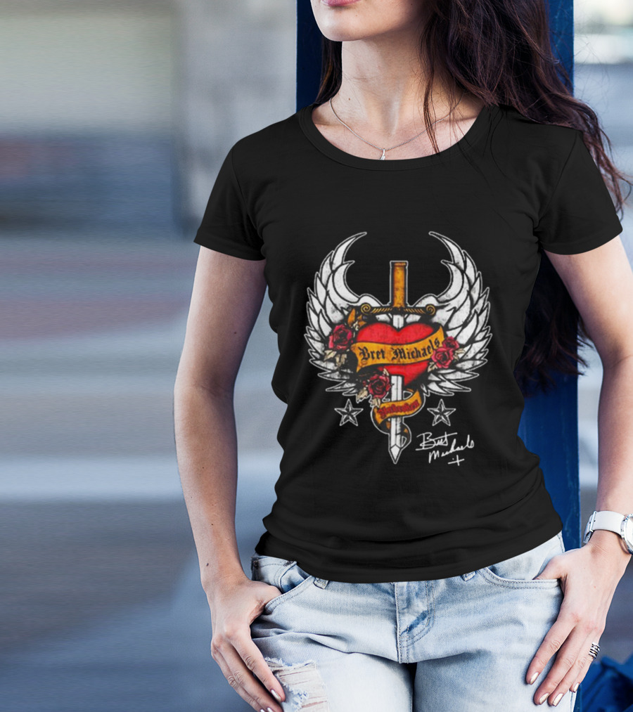 Bret Michaels Heart And Sword Winged Emblem With Roses And Stars T-Shirt