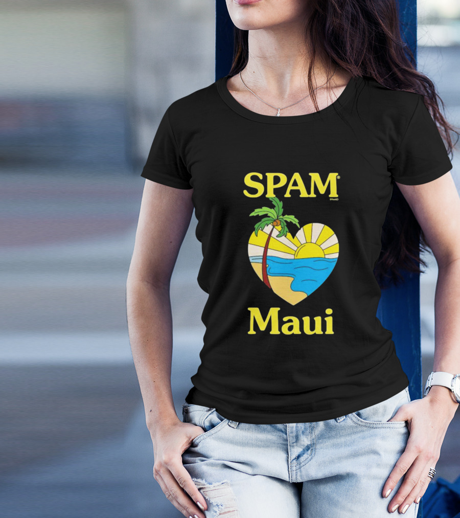 SPAM Brand Maui Heart Beach Sunset And Palm Tree T-Shirt