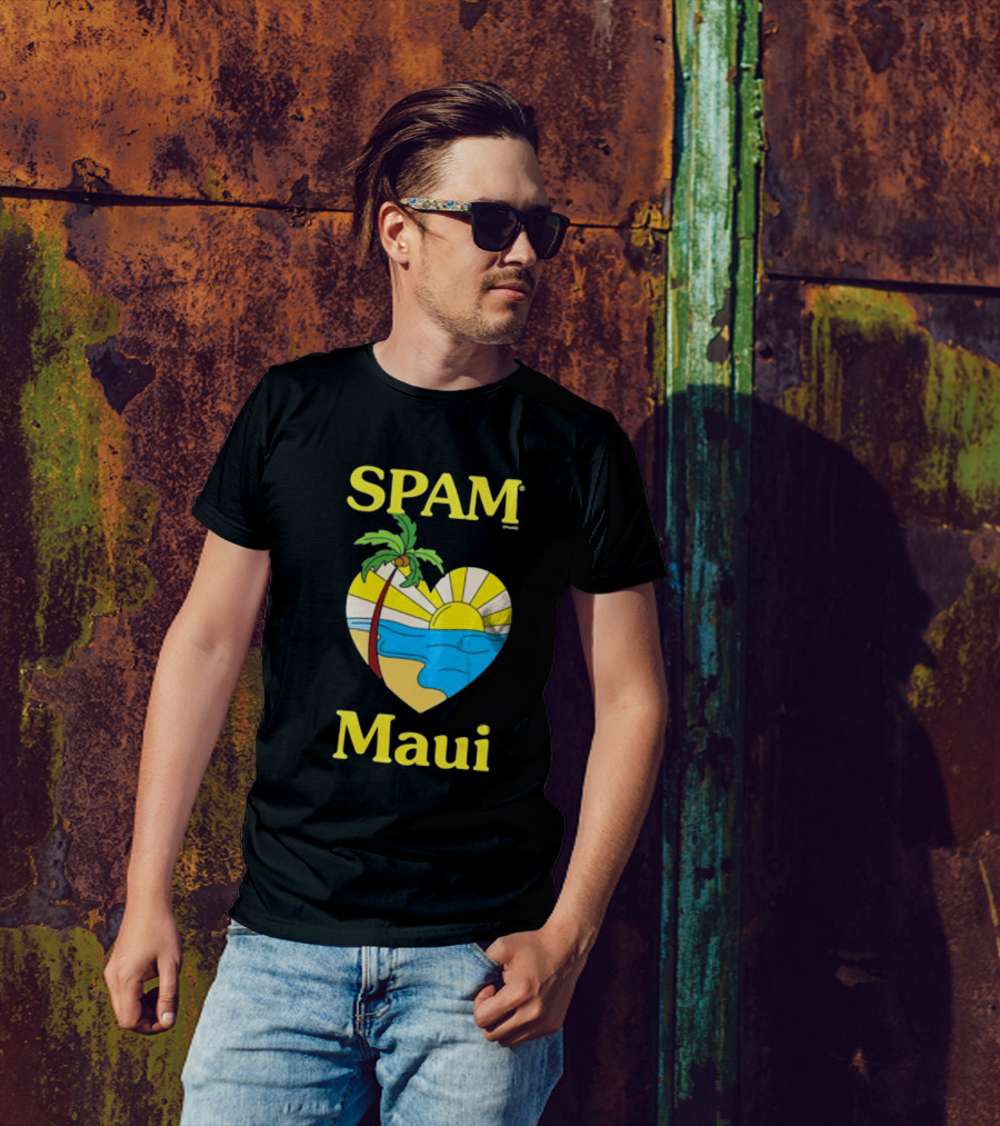 SPAM Brand Maui Heart Beach Sunset And Palm Tree T-Shirt