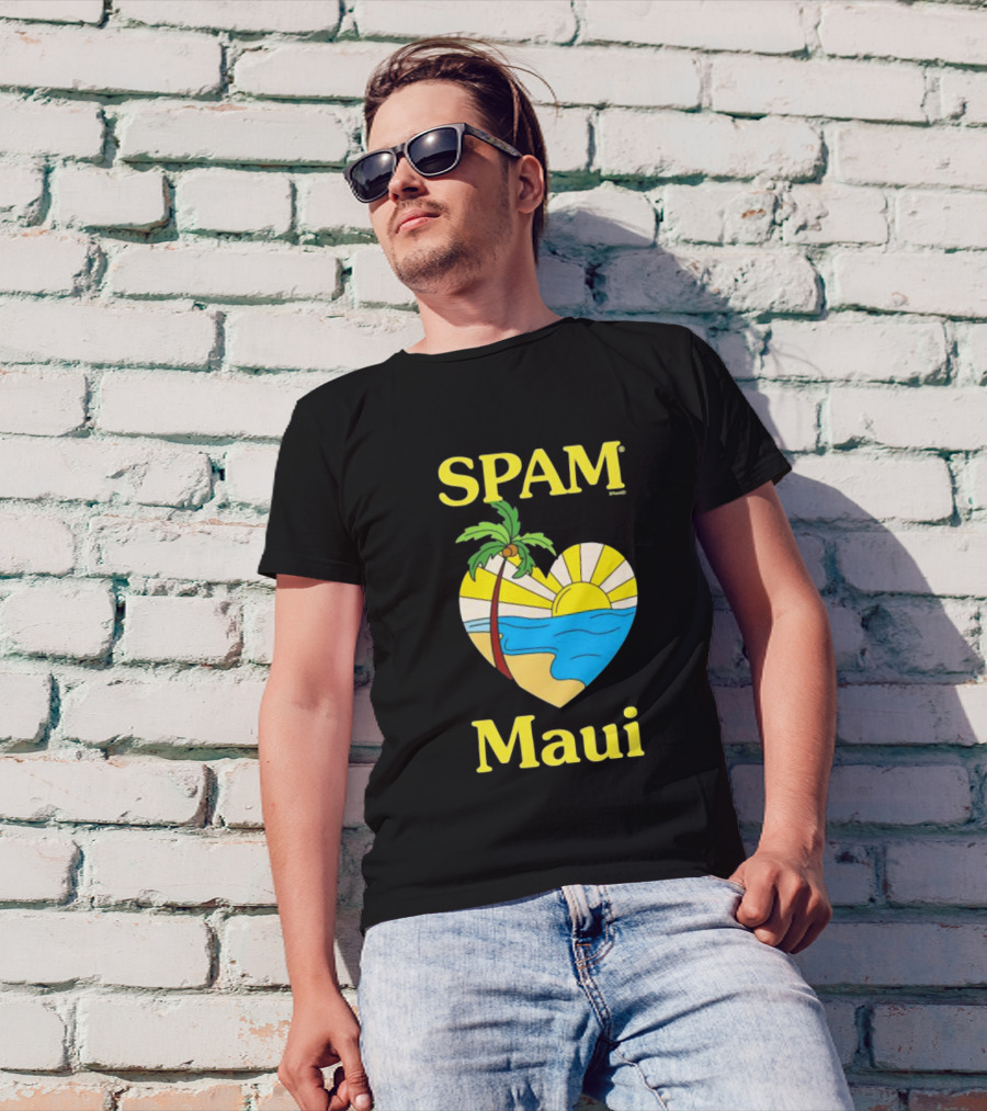 SPAM Brand Maui Heart Beach Sunset And Palm Tree T-Shirt