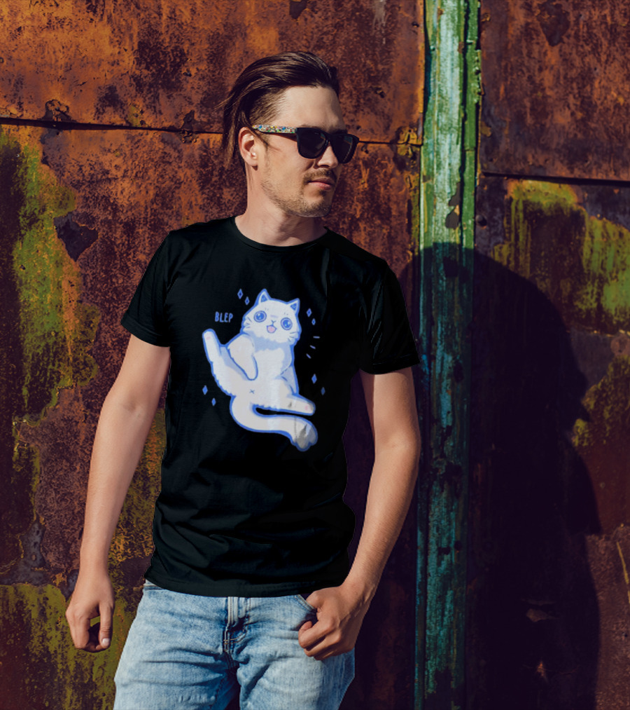 Xmorfina Blep Cute Cat With Tongue Out In Blue And White Cartoon T-Shirt