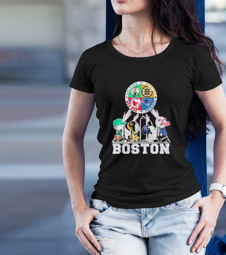 Boston Celtics Bruins Red Sox Patriots Peanuts Characters T-Shirt