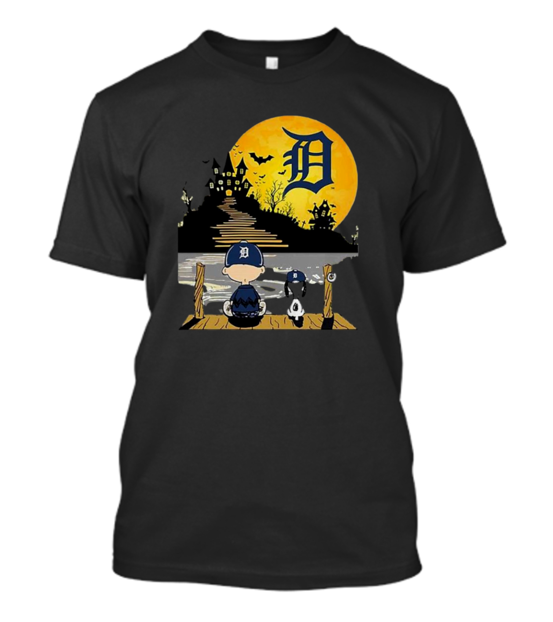 Snoopy Charlie Brown Detroit Tigers Halloween Moon Scene T-Shirt