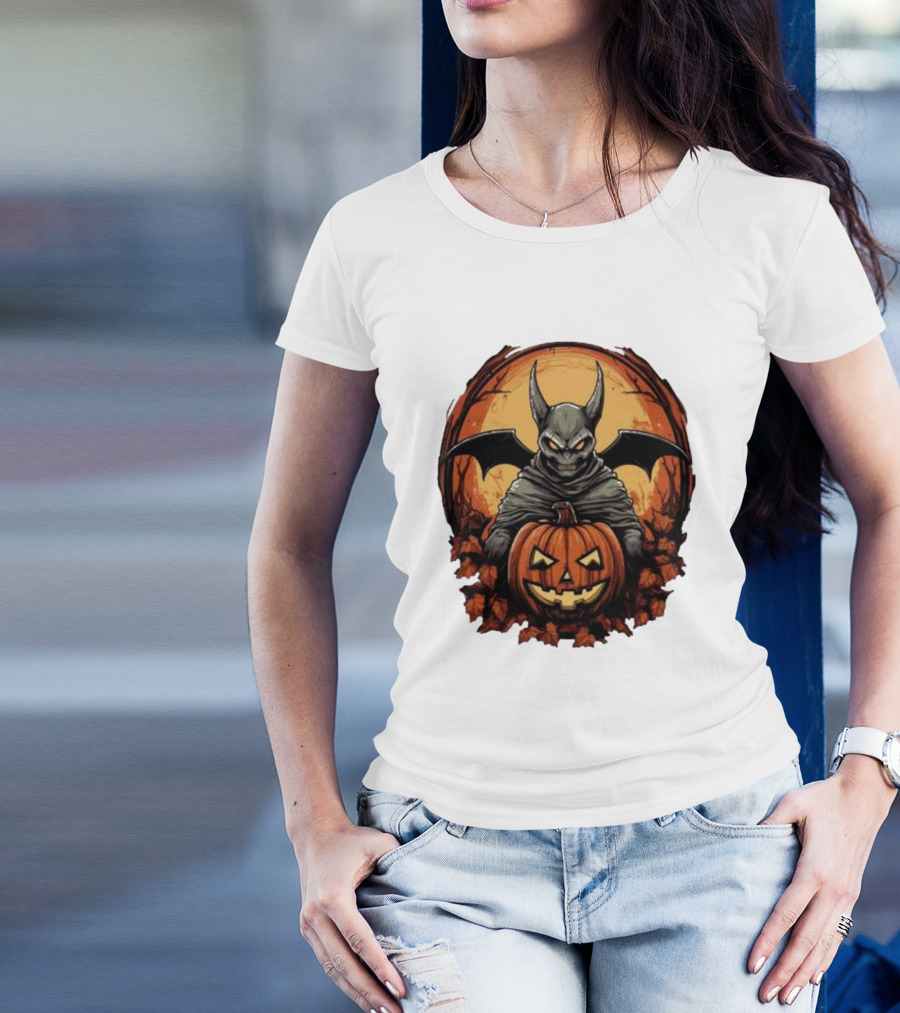Bat Devil Pumpkin Halloween Moon Shadows T-Shirt