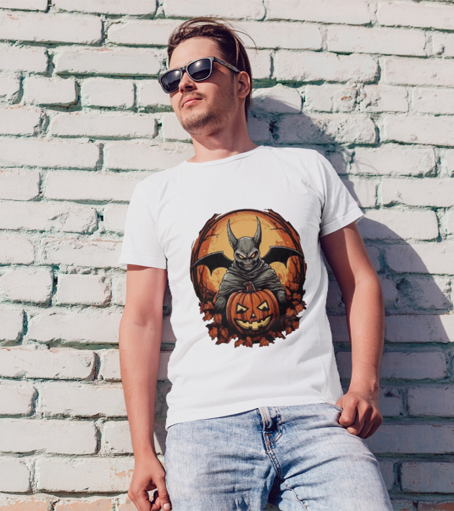 Bat Devil Pumpkin Halloween Moon Shadows T-Shirt
