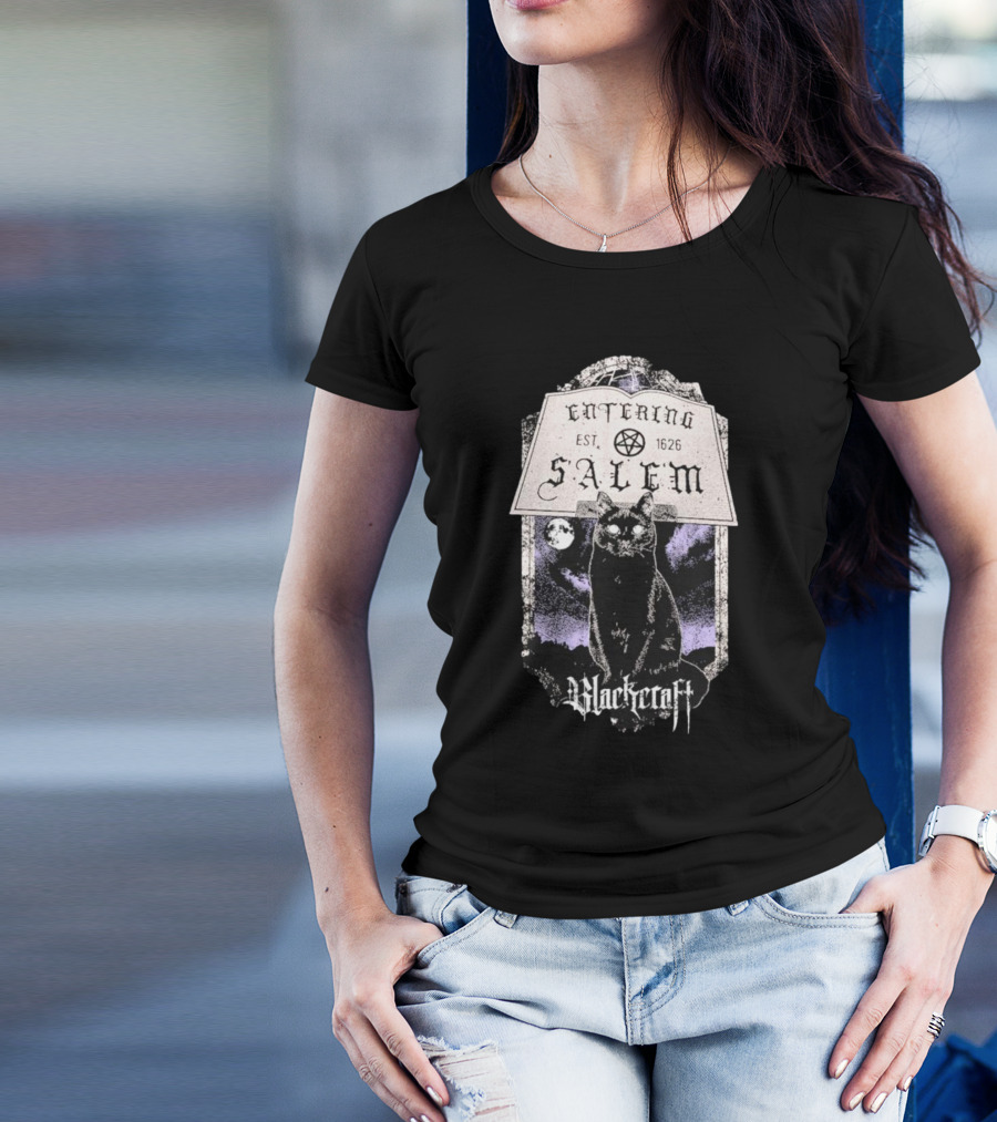 Blackcraft Cult Entering Salem Est. 1626 Black Cat And Crescent Moon Scene T-Shirt