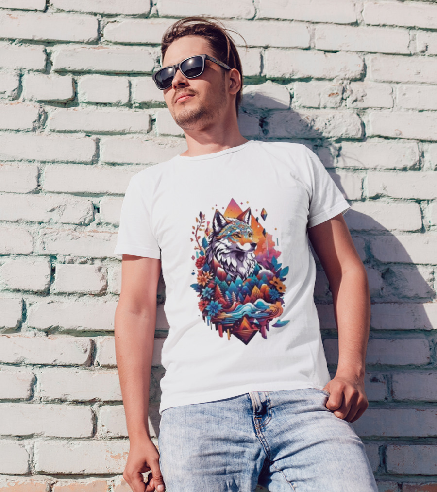 Colorful Geometric Wolf With Mountains And Flowers T-Shirt