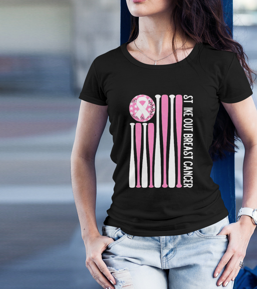 Strike Out Breast Cancer Baseball Pink Ribbon American Flag T-Shirt