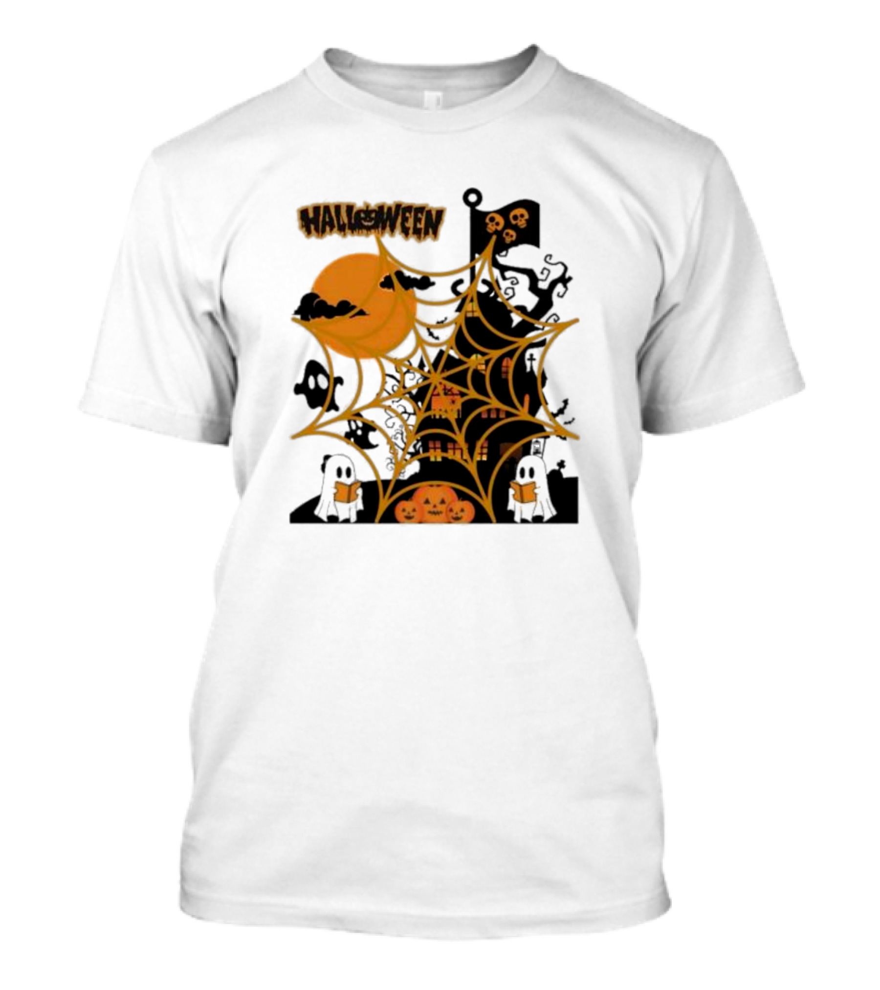 Halloween Spider Web Castle Moon Ghosts Pumpkins T-Shirt
