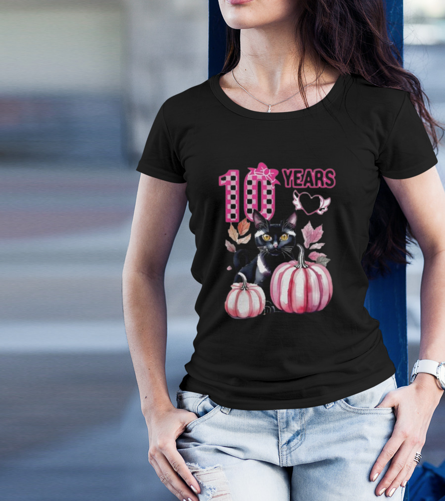 10 Years Black Cat Pink Pumpkin Birthday T-Shirt