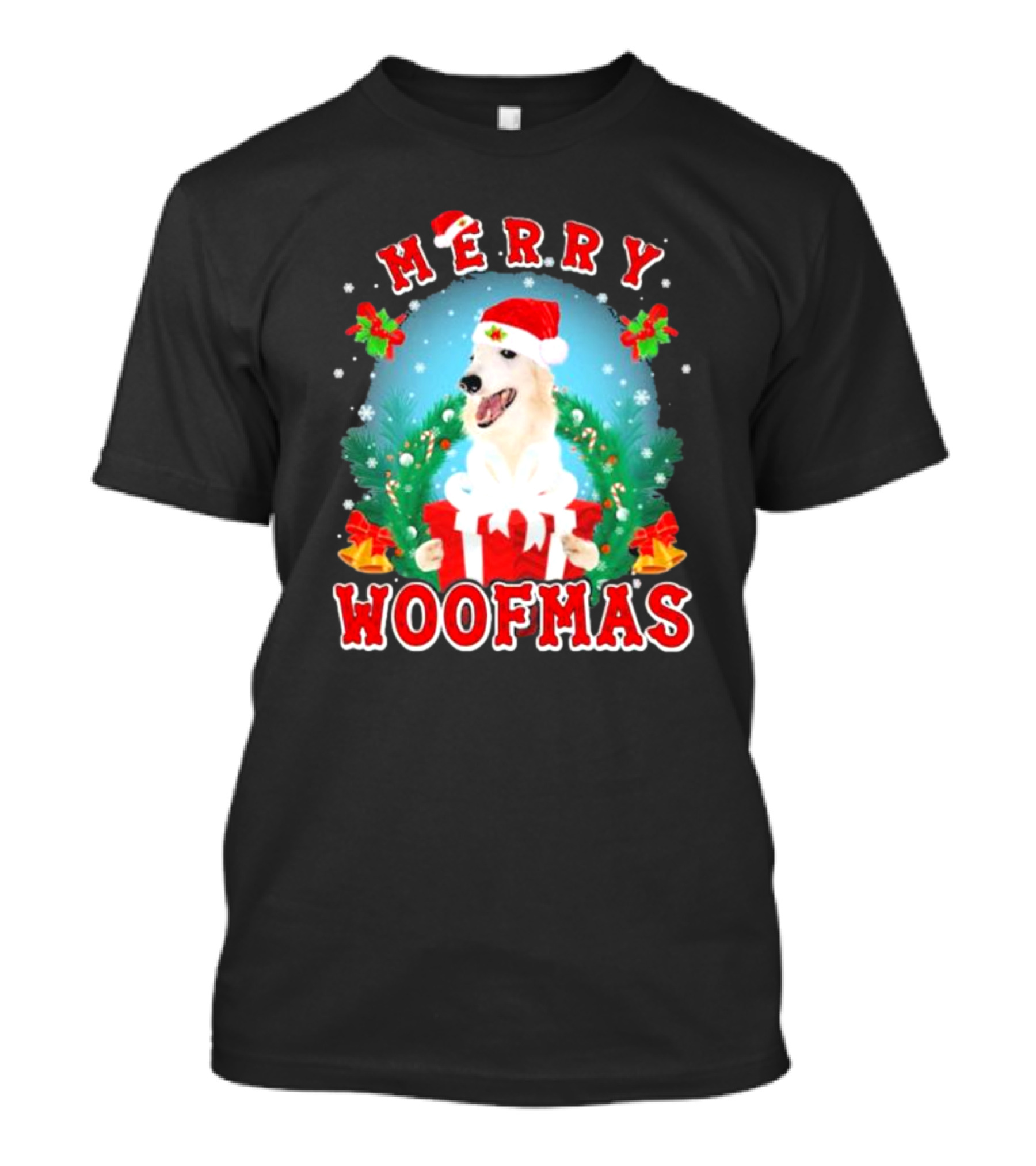 Merry Woofmas Borzoi Dog Santa Hat Christmas Wreath Snowflakes T-Shirt