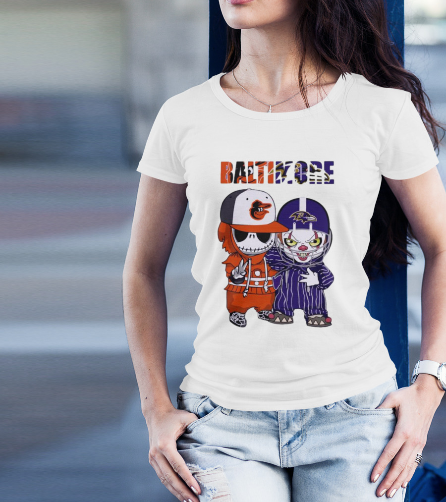 Baby Jack Skellington Pennywise Mashup Baltimore Orioles Ravens Halloween T-Shirt