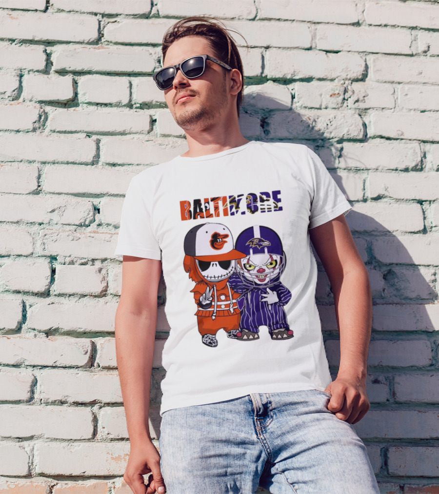Baby Jack Skellington Pennywise Mashup Baltimore Orioles Ravens Halloween T-Shirt