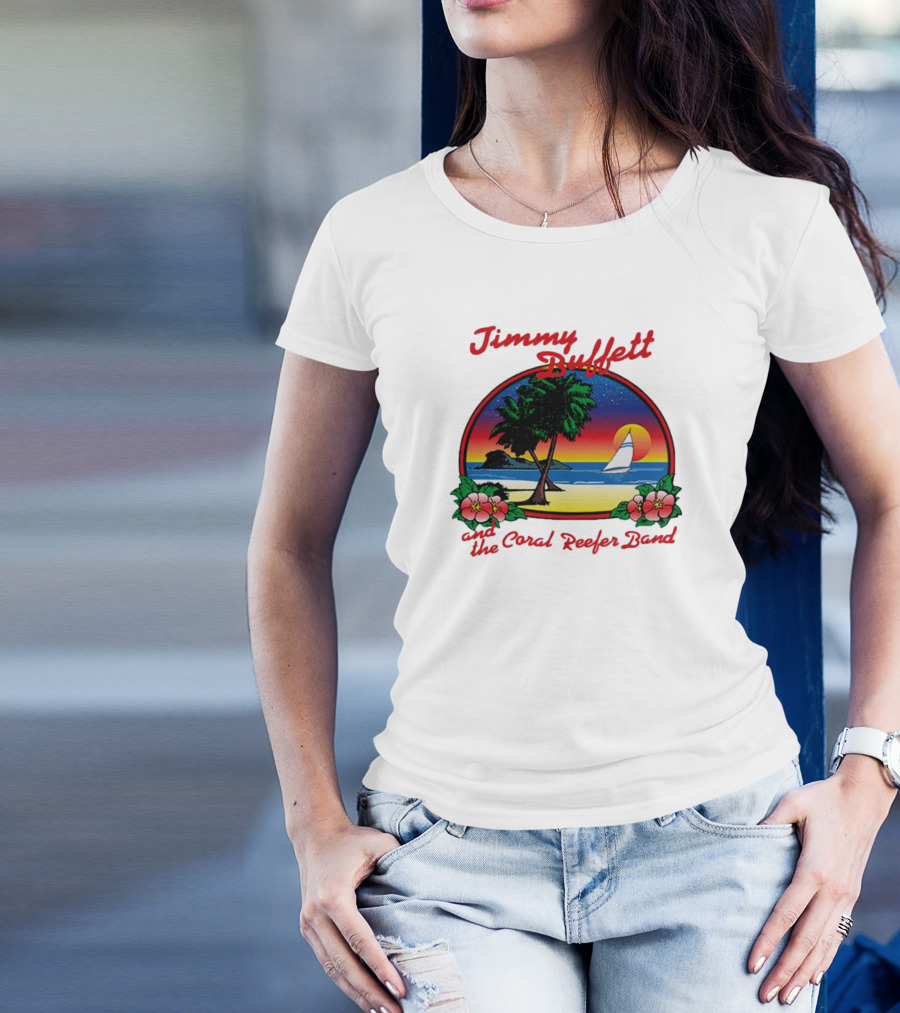 Jimmy Buffett And The Coral Reefer Band 1981 Coconut Telegraph Tour Vintage Island Sunset Scene T-Shirt