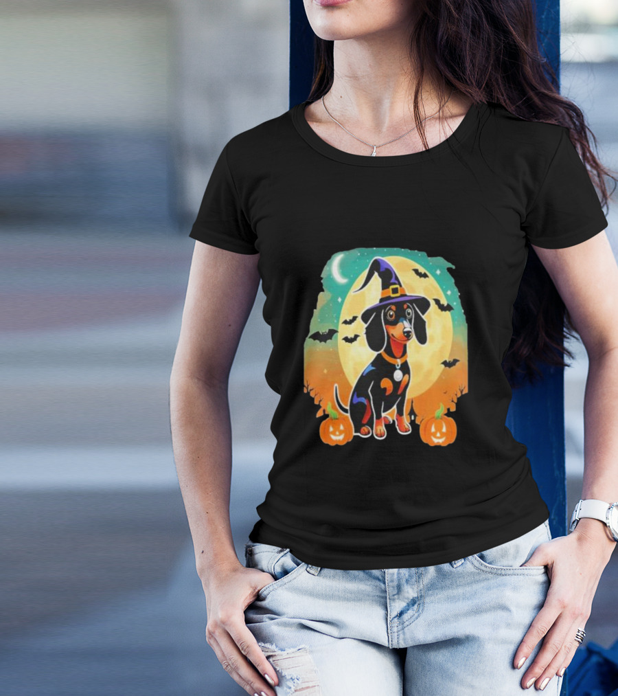 Dachshund Dog Witch Hat Moon Bats Pumpkins T-Shirt
