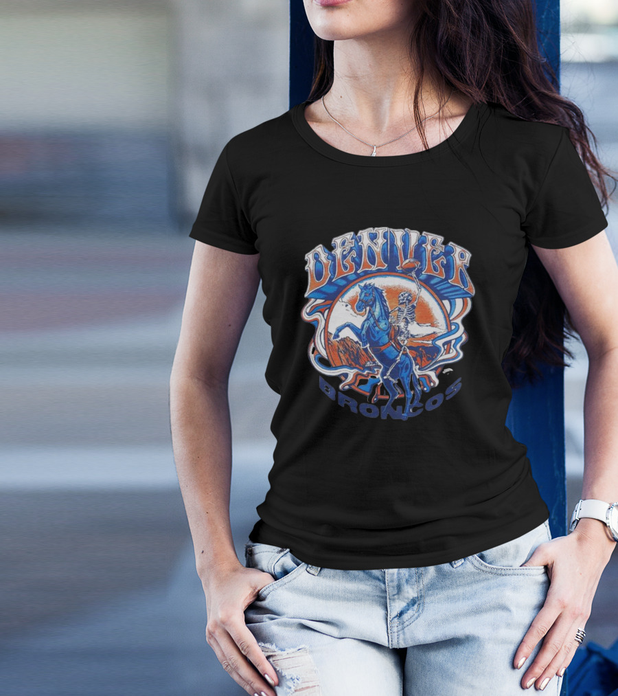 Nfl X Grateful Dead X Denver Broncos Skeleton Riding Horse Football T-Shirt