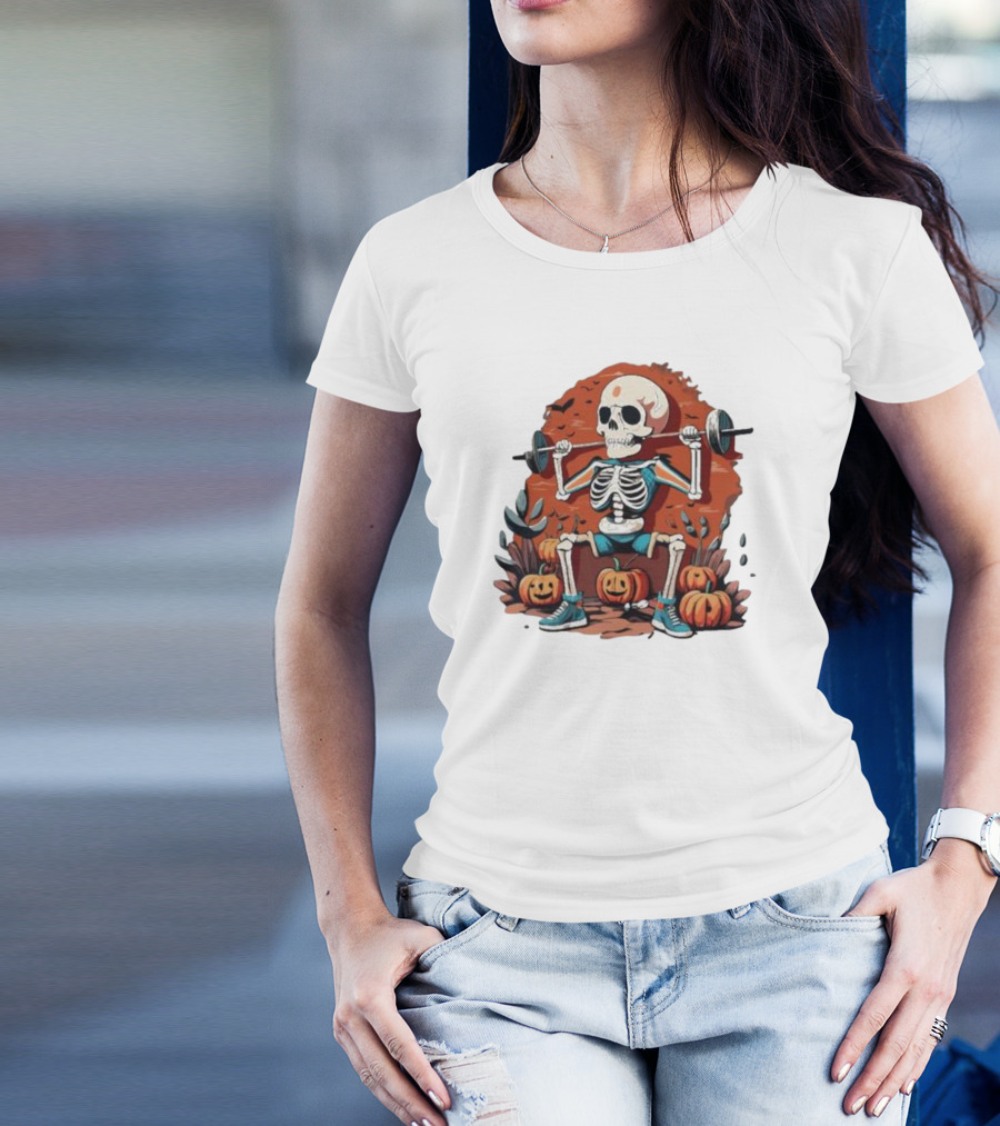 Skeleton Lifting Weights With Pumpkins Halloween Fitness T-Shirt