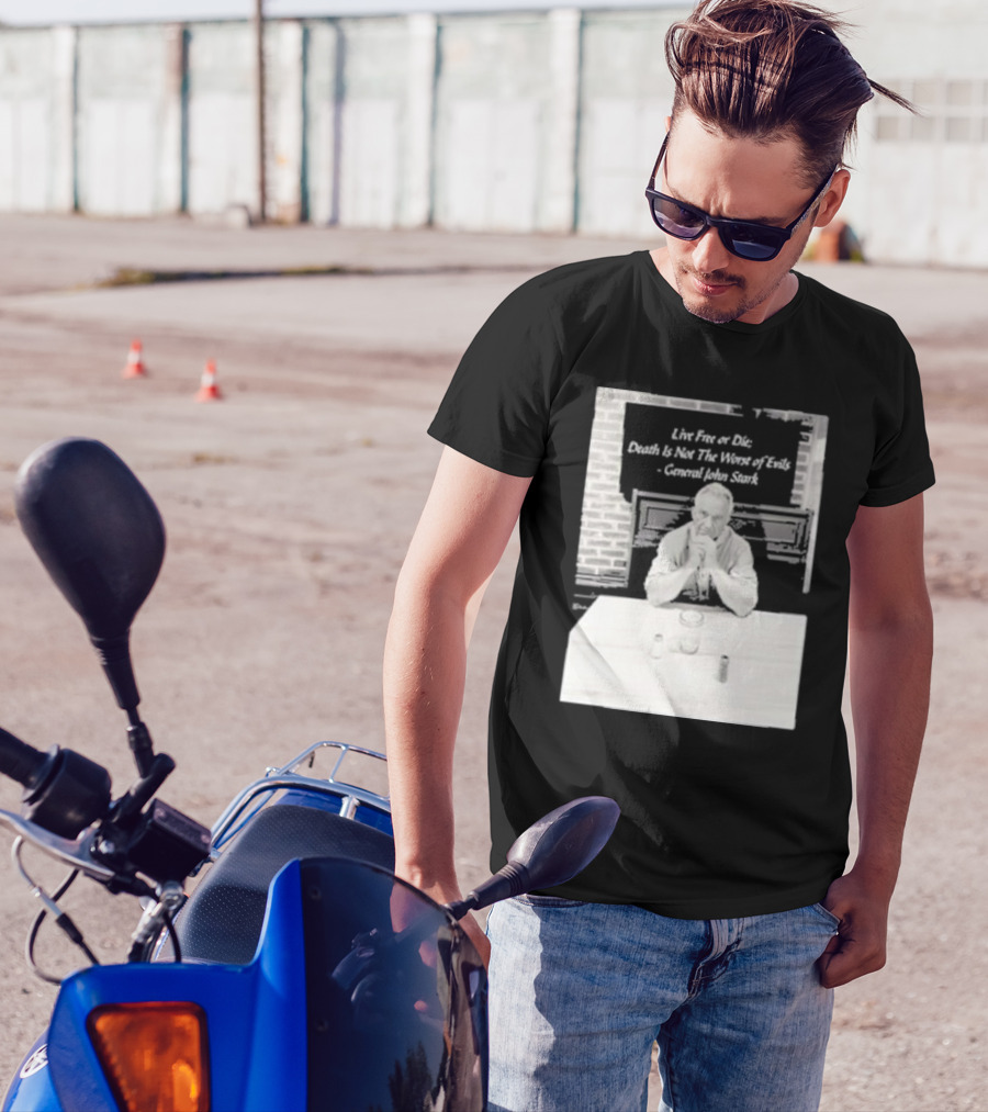 Live Free Or Die Death Is Not The Worst Of Evils General John Stark Robert F. Kennedy Jr Black And White Image With Brick Wall Background T-Shirt