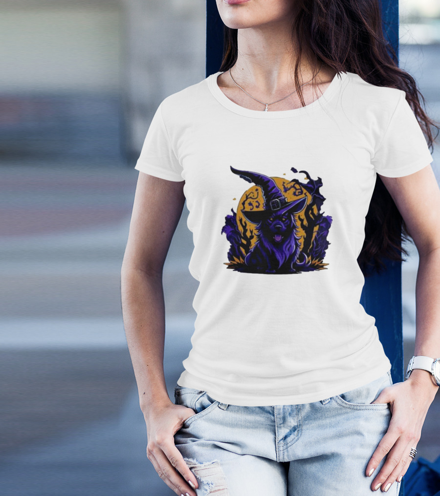 Halloween Witch Dog In Spooky Forest Horror Scene T-Shirt