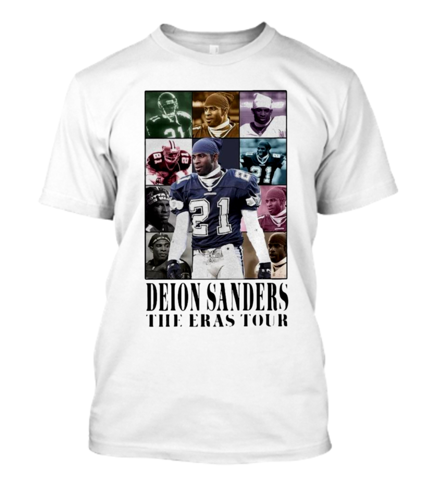 Deion Sanders The Eras Tour Collage Montage With Multiple Football Jerseys T-Shirt