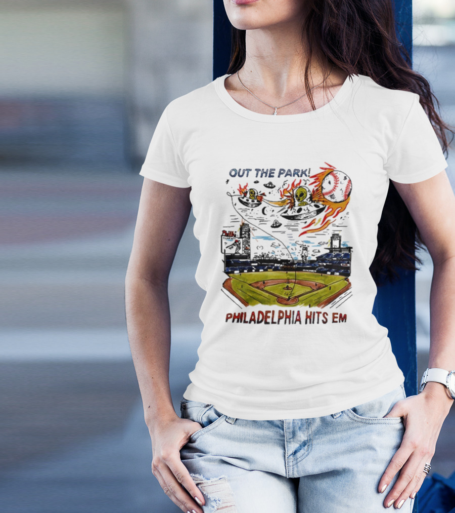 Out The Park Philadelphia Hits 'Em Alien Baseball Explosion T-Shirt