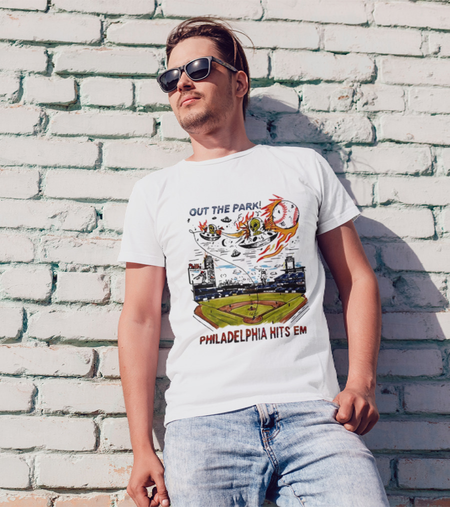 Out The Park Philadelphia Hits 'Em Alien Baseball Explosion T-Shirt
