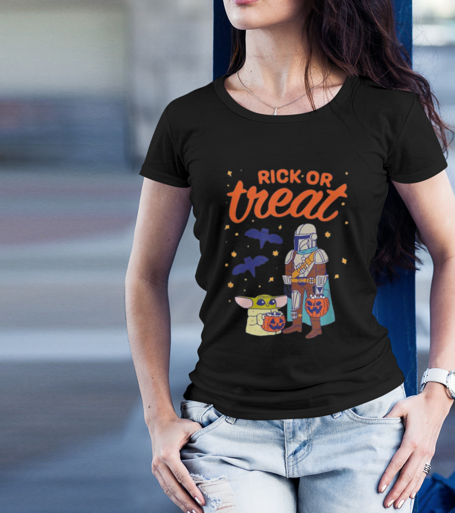 Rick Or Treat The Mandalorian And Grogu Halloween Pumpkin Buckets With Bats And Stars T-Shirt