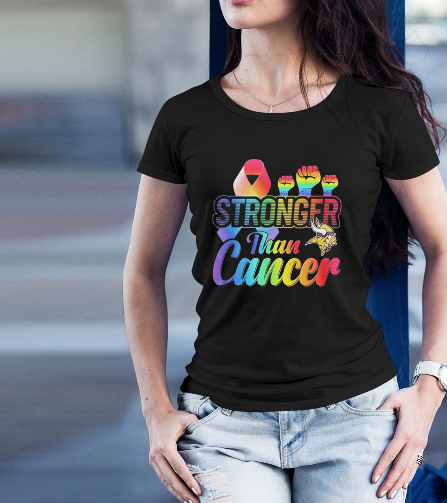 Minnesota Vikings Stronger Than Cancer With Rainbow Ribbon And Fists T-Shirt