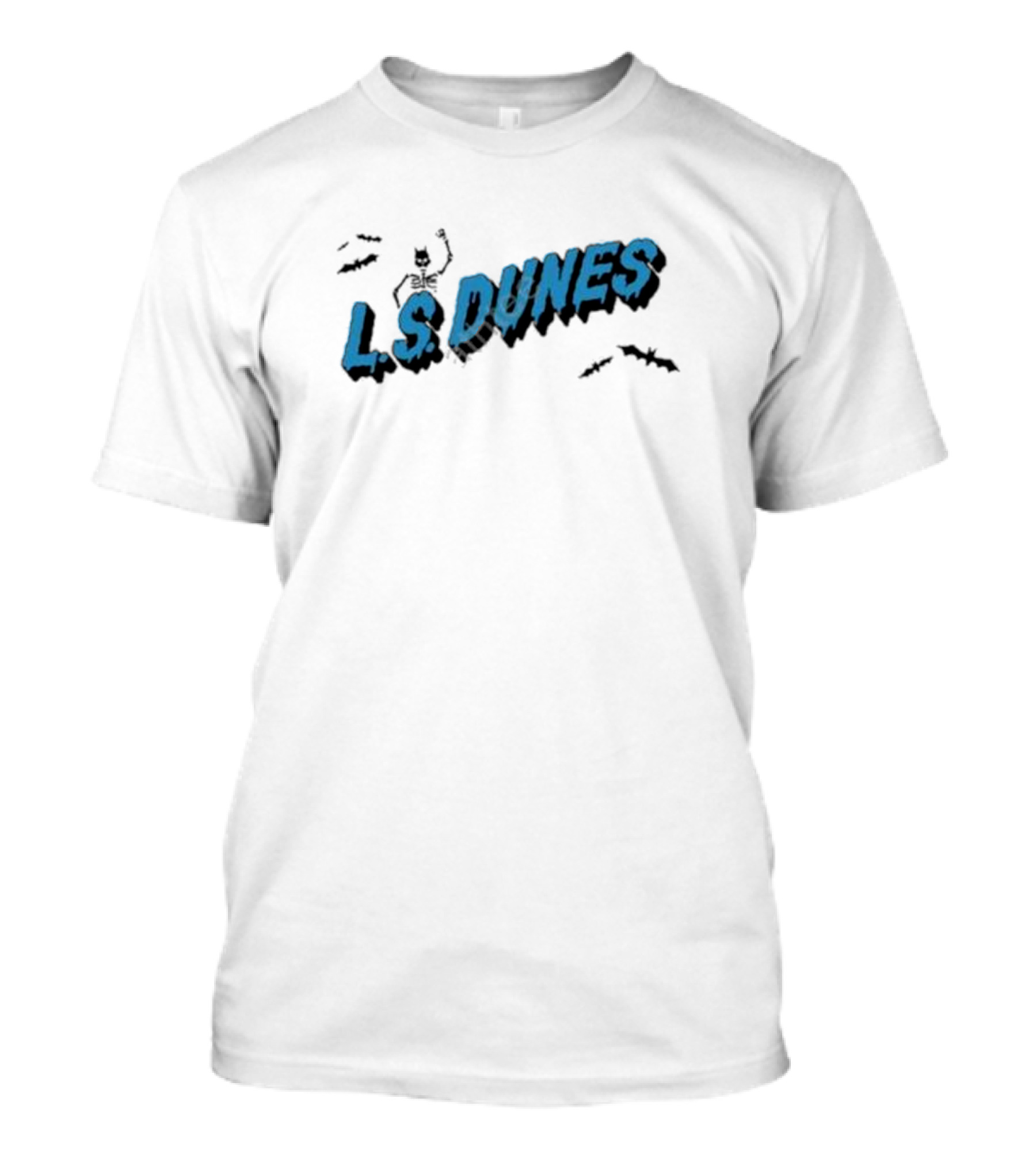 L.S. Dunes Spooky Skeleton Bats Blue Text T-Shirt