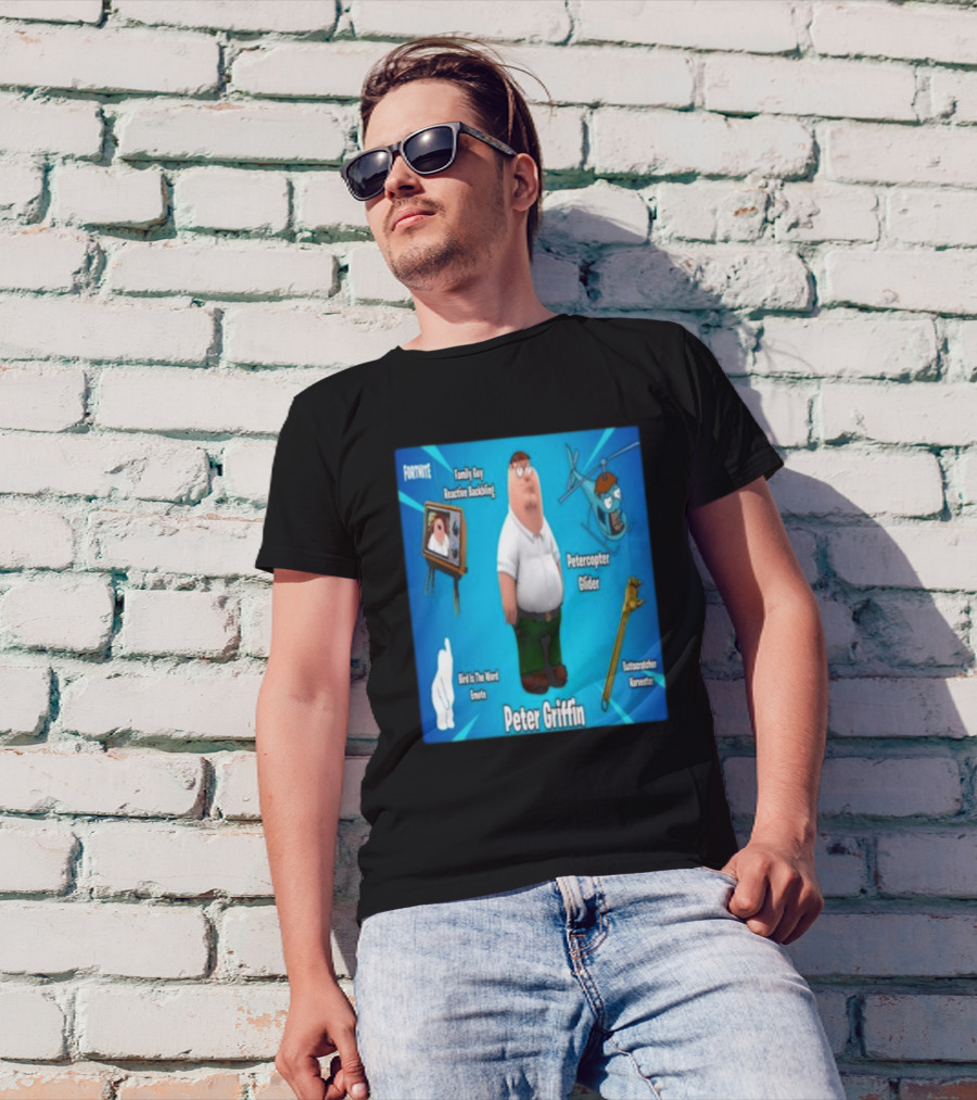 Fortnite Family Guy Peter Griffin Reactive Backing Petercopter Glider Buttscratcher Harvester Bird Is The Word Emote T-Shirt