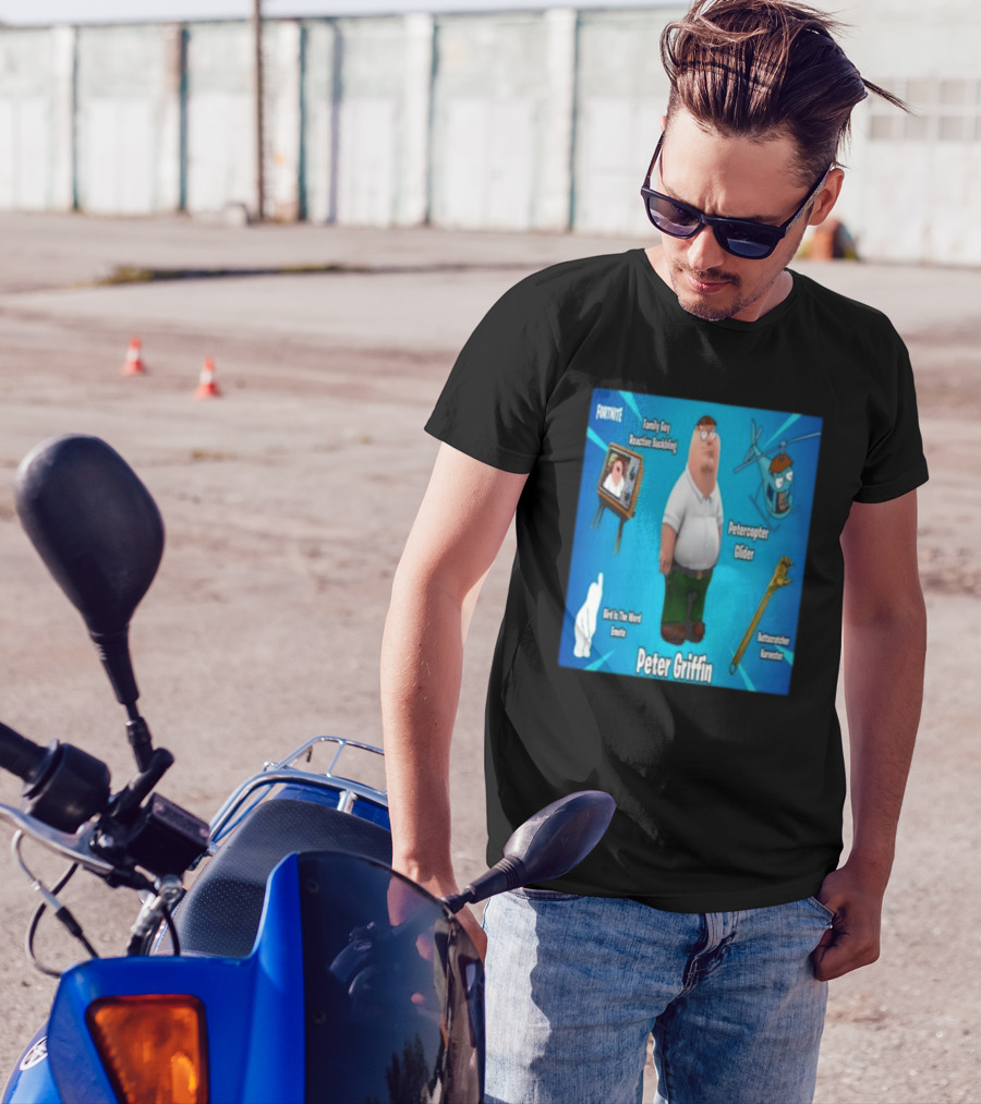 Fortnite Family Guy Peter Griffin Reactive Backing Petercopter Glider Buttscratcher Harvester Bird Is The Word Emote T-Shirt