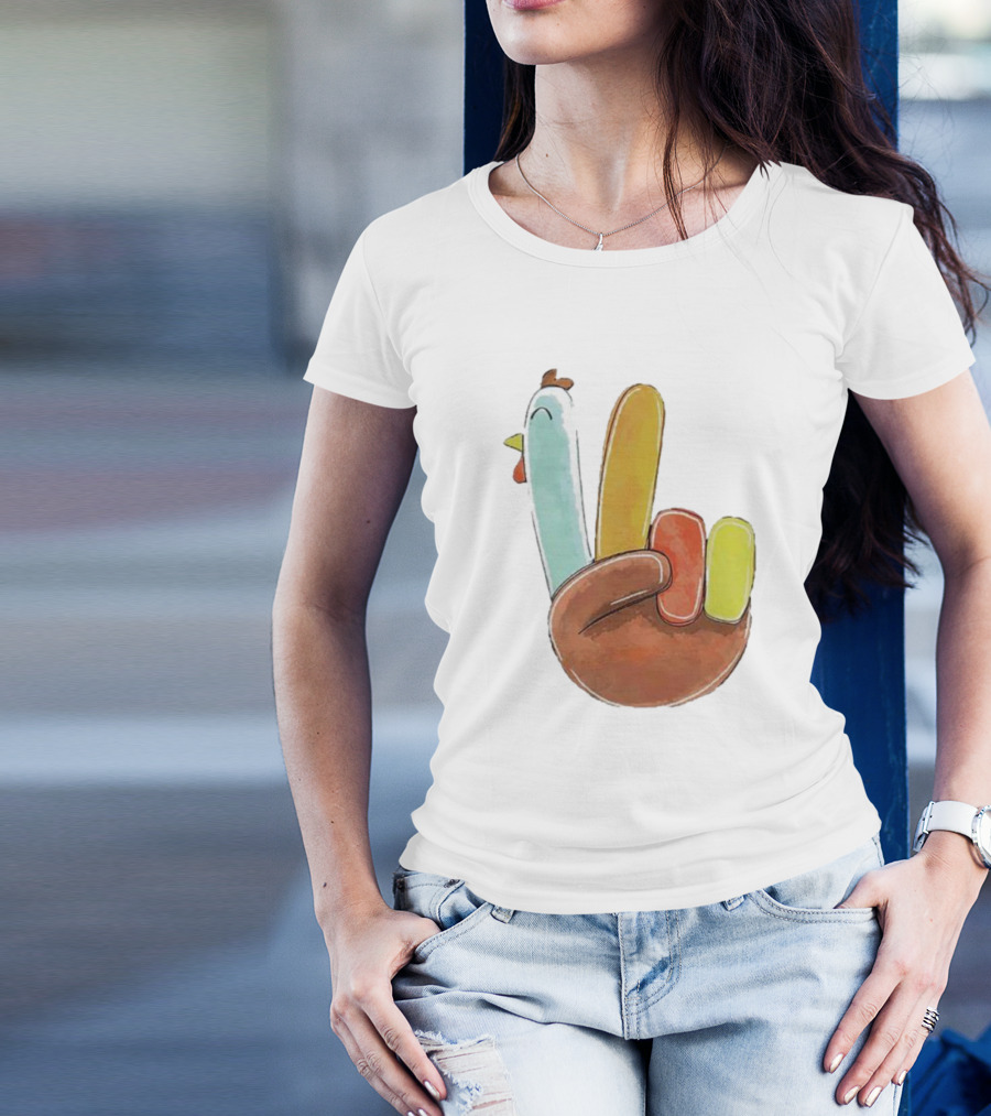 Thanksgiving Hand Gesture Cute Turkey Peace Sign Holiday Fun T-Shirt