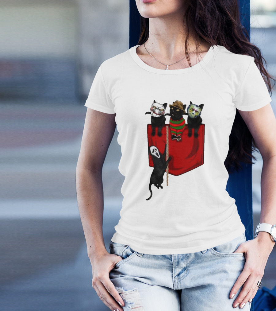 Cat Cosplay Horror Movie Characters Trick Or Treat Freddy Krueger Jason Voorhees Scream Happy Halloween T-Shirt