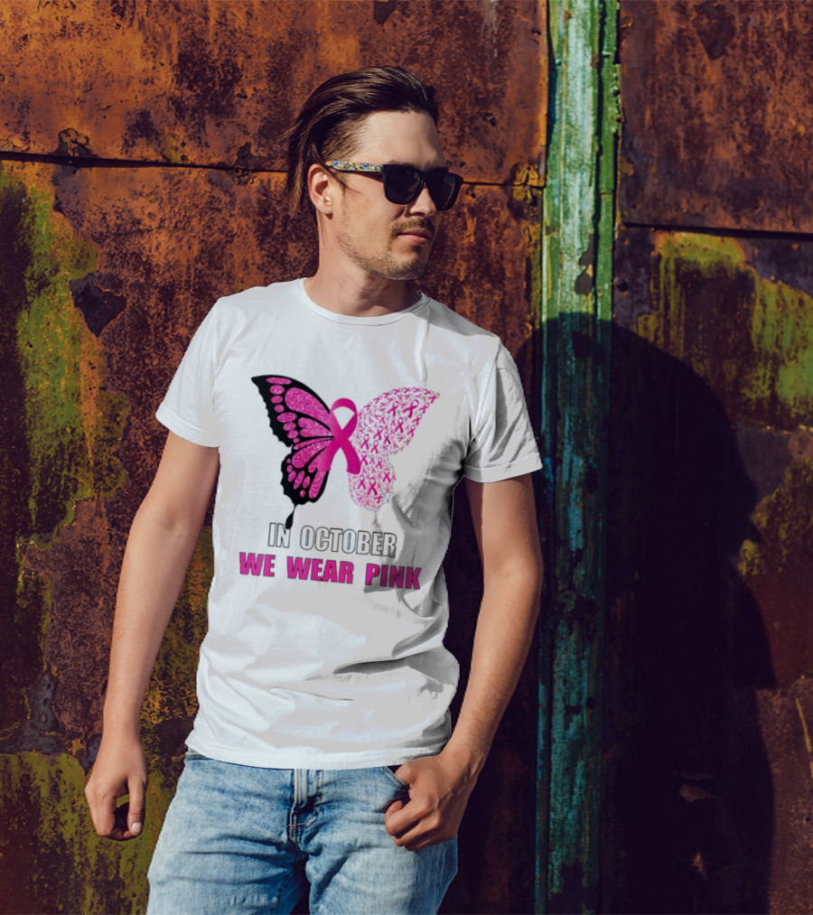 In October We Wear Pink Butterfly Ribbon Breast Cancer Awareness T-Shirt