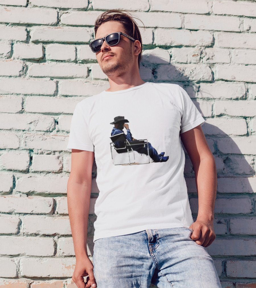 Bad Bunny Sitting Cowboy Chair Black Hat Blue T-Shirt