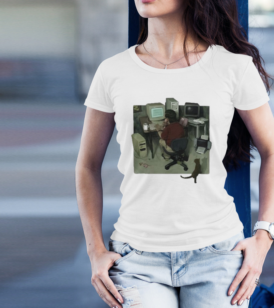 Ollie Jones Freelancer At Computer With Cat In Home Office Scene T-Shirt