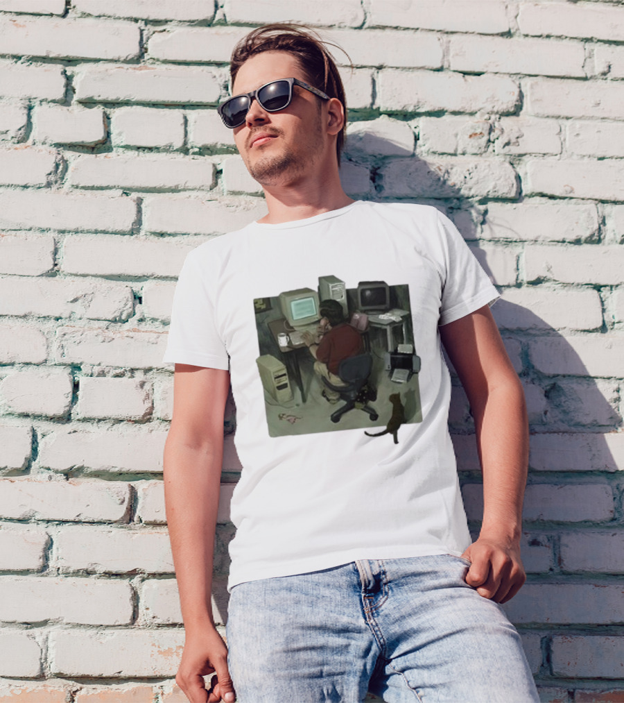 Ollie Jones Freelancer At Computer With Cat In Home Office Scene T-Shirt