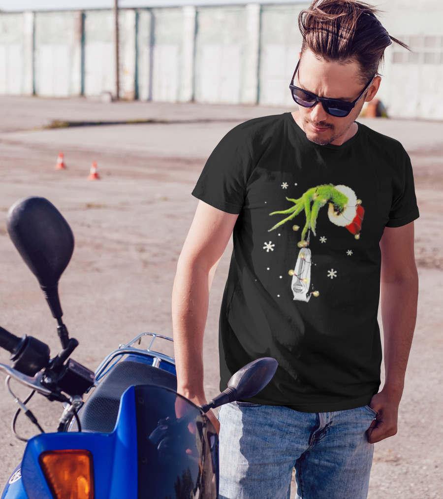 Grinch Christmas Hand Holding Clipper Snowflakes Santa Hat T-Shirt