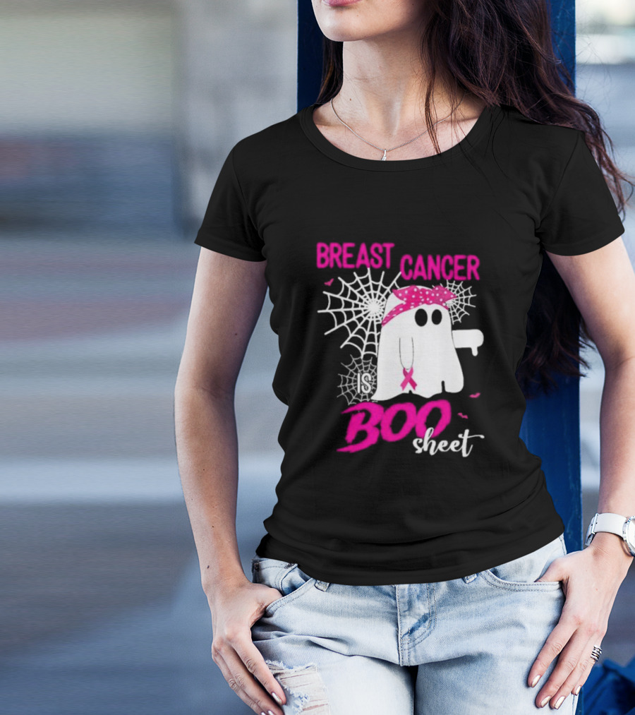 Breast Cancer Is Boo Sheet Halloween Ghost With Pink Ribbon And Spider Webs T-Shirt