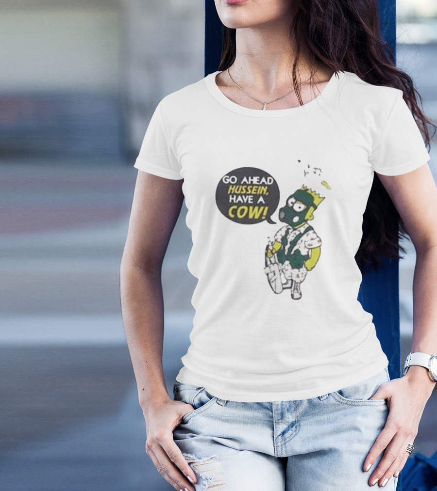Go Ahead Hussein Have A Cow Cartoon Character In Gas Mask With Crown And Balloons T-Shirt