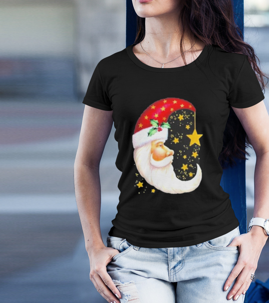 Christmas Santa Crescent Moon Starry Hat Print Crew Neck T-Shirt